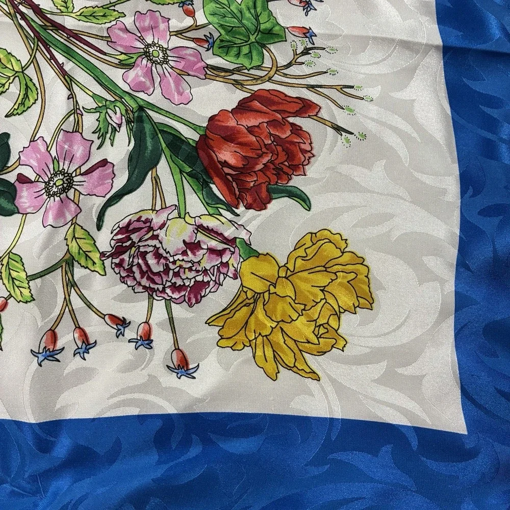 Floral Botanical 100% Silk Large Square Scarf Royal Blue Rolled Hem34